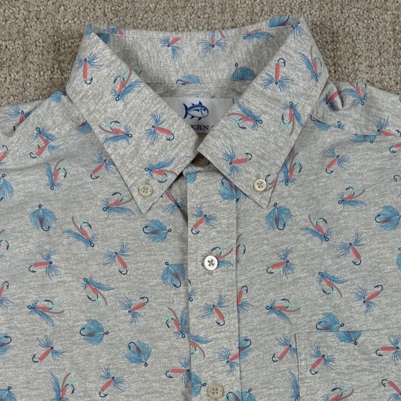 Southern Tide Other - Southern Tide Men Medium Gray Fishing Fly Lure AOP Performance Button Down Shirt